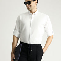 White Long Sleeve Relaxed Fit Button-Down Collar Cotton Breathable Linen-Look Shirt