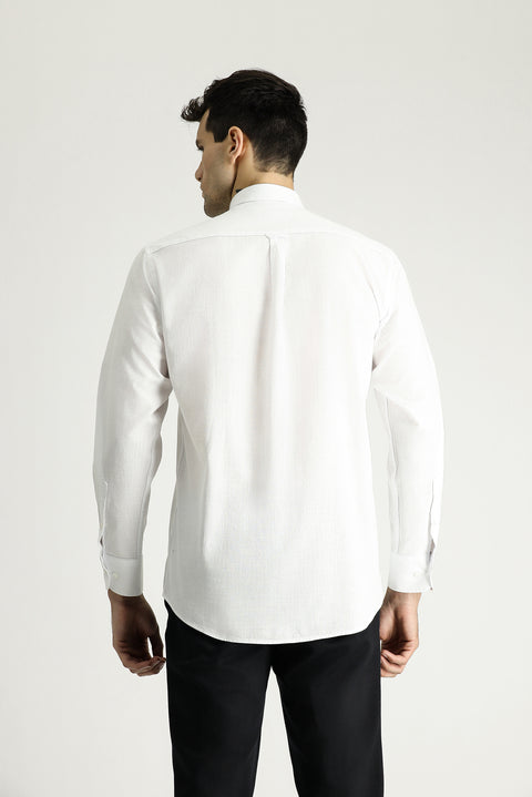 White Long Sleeve Relaxed Fit Button-Down Collar Cotton Breathable Linen-Look Shirt