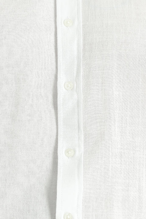White Long Sleeve Relaxed Fit Button-Down Collar Cotton Breathable Linen-Look Shirt
