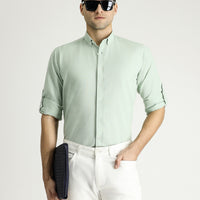 Aqua Green Long Sleeve Relaxed Fit Button-Down Collar Cotton Breathable Linen-Look Shirt