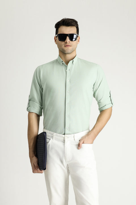 Aqua Green Long Sleeve Relaxed Fit Button-Down Collar Cotton Breathable Linen-Look Shirt