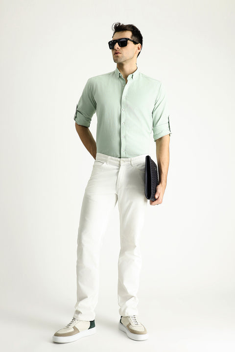 Aqua Green Long Sleeve Relaxed Fit Button-Down Collar Cotton Breathable Linen-Look Shirt