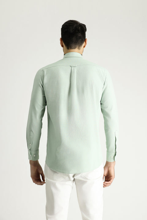 Aqua Green Long Sleeve Relaxed Fit Button-Down Collar Cotton Breathable Linen-Look Shirt