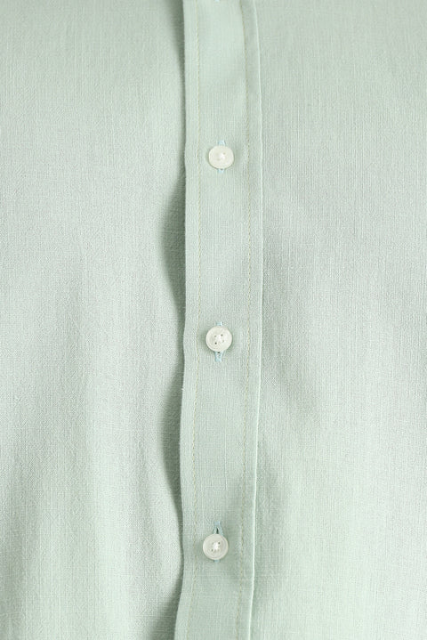 Aqua Green Long Sleeve Relaxed Fit Button-Down Collar Cotton Breathable Linen-Look Shirt