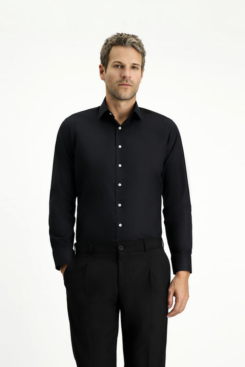 Siyah Uzun Kol Slim Fit %100 Pamuk 4 Mevsim Kolay Ütülenebilir Nefes Alan Erkek Easy Care Klasik Gömlek