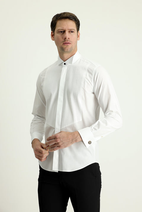 Beyaz Ata Yaka Slim Fit Dar Kesim Piliseli Pamuk Gömlek
