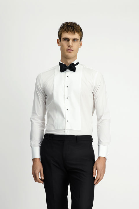 Beyaz Ata Yaka Slim Fit Dar Kesim Desenli Pamuklu Gömlek