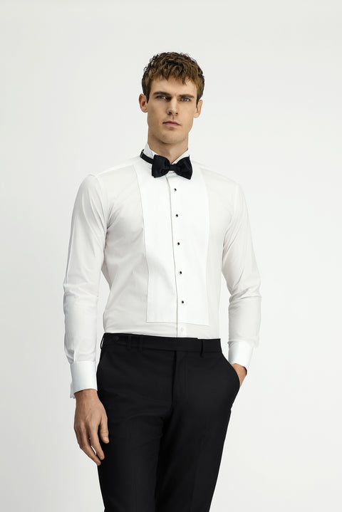 Beyaz Ata Yaka Slim Fit Dar Kesim Desenli Pamuklu Gömlek
