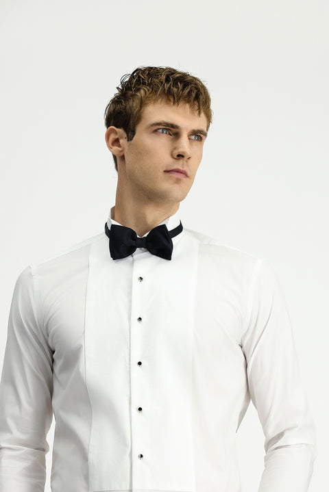 Beyaz Ata Yaka Slim Fit Dar Kesim Desenli Pamuklu Gömlek