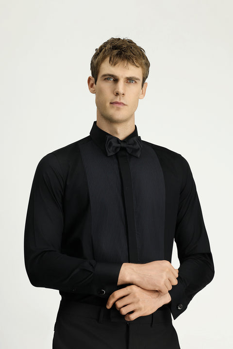 Siyah Slim Fit Dar Kesim Piliseli Pamuklu Ata Yaka Gömlek