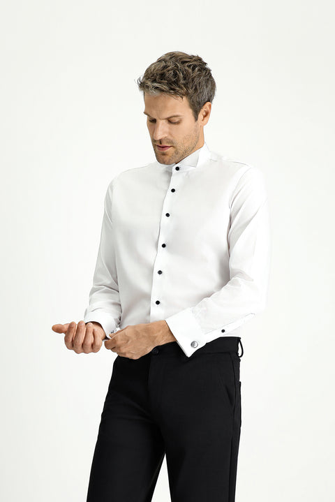 White Stand Collar Slim Fit Narrow Cut Cotton Easy Iron Shirt