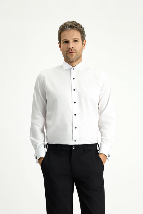 White Stand Collar Slim Fit Narrow Cut Cotton Easy Iron Shirt