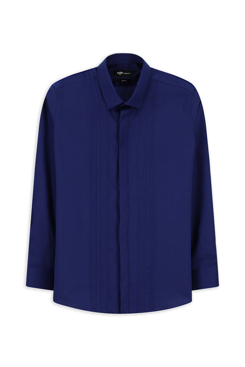 Medium Navy Long Sleeve Slim Fit Narrow Cut Non-Iron Classic Pleated Cotton Shirt