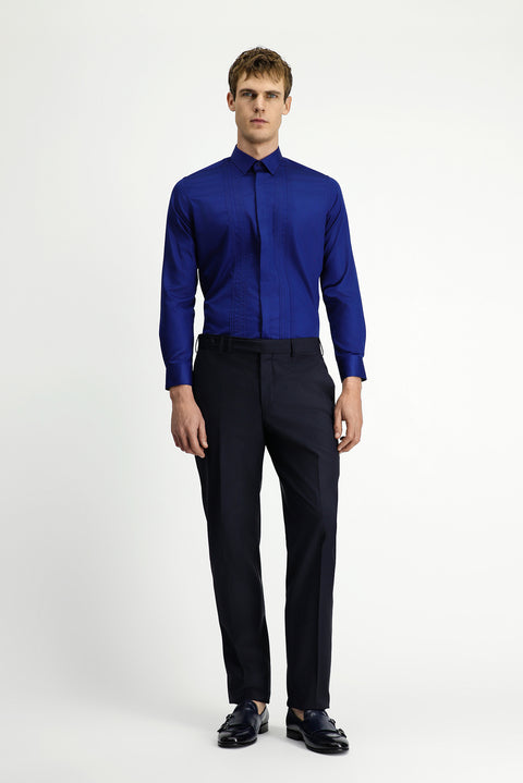 Medium Navy Long Sleeve Slim Fit Narrow Cut Non-Iron Classic Pleated Cotton Shirt