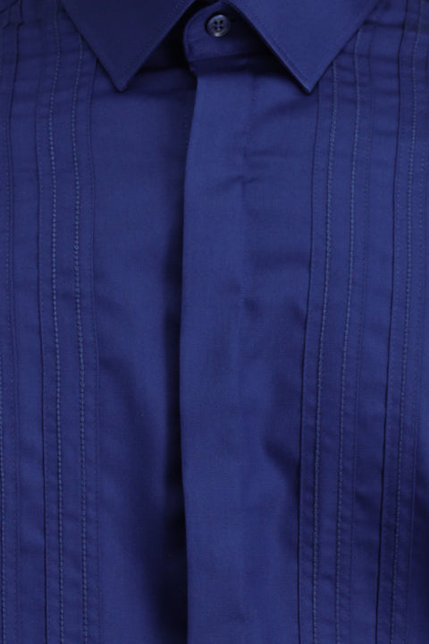 Medium Navy Long Sleeve Slim Fit Narrow Cut Non-Iron Classic Pleated Cotton Shirt