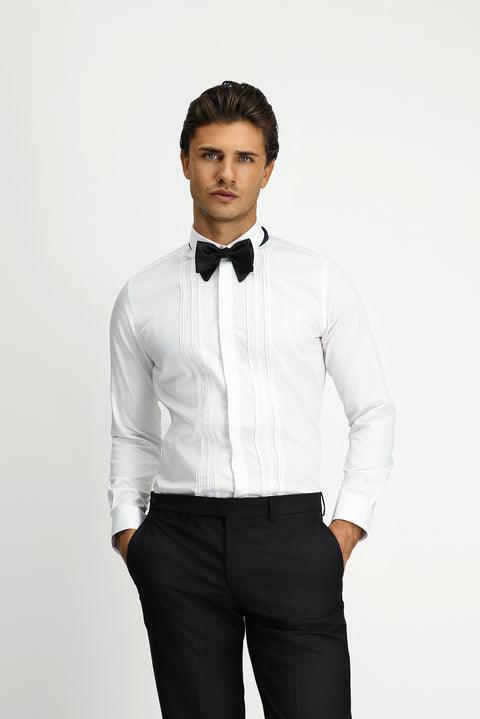White Long Sleeve Slim Fit Narrow Cut Non-Iron Classic Pleated Cotton Shirt