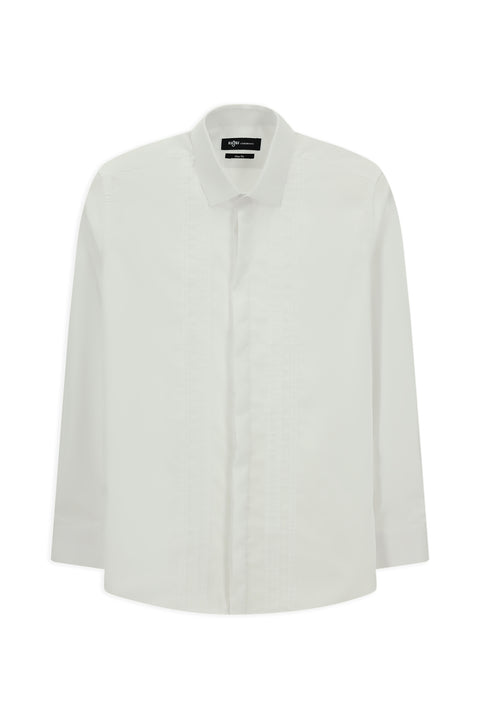 White Long Sleeve Slim Fit Narrow Cut Non-Iron Classic Pleated Cotton Shirt