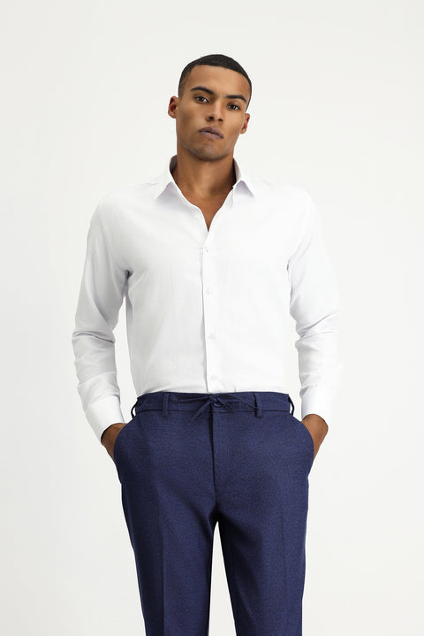 White Long Sleeve Slim Fit Narrow Cut Classic Patterned Cuffed Cotton Shirt