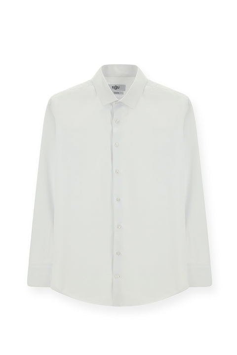 White Long Sleeve Slim Fit Narrow Cut Classic Patterned Cuffed Cotton Shirt