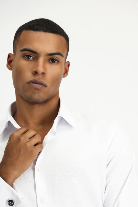 White Long Sleeve Slim Fit Narrow Cut Classic Patterned Cuffed Cotton Shirt
