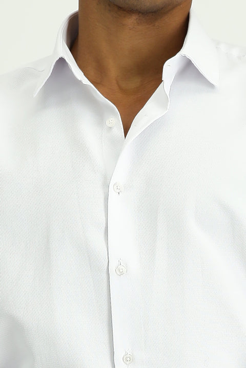 White Long Sleeve Slim Fit Narrow Cut Classic Patterned Cuffed Cotton Shirt