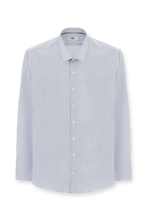 Light Navy Blue Long Sleeve Slim Fit Narrow Cut Classic Patterned Cotton Shirt