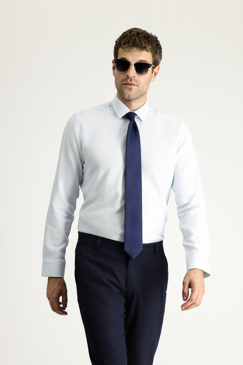 Light Blue Long Sleeve Slim Fit Narrow Cut Classic Patterned Cotton Shirt
