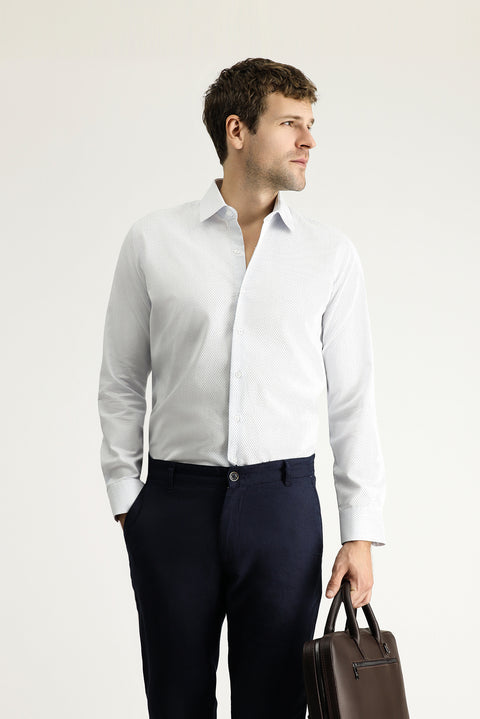Dark Blue Long Sleeve Slim Fit Narrow Cut Classic Patterned Cotton Shirt