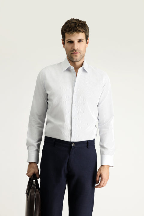 Dark Blue Long Sleeve Slim Fit Narrow Cut Classic Patterned Cotton Shirt