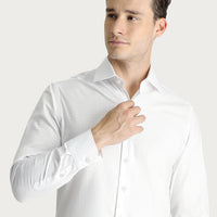White Long Sleeve Slim Fit Patterned Cotton Shirt