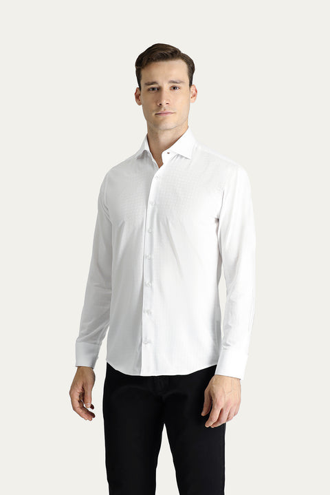 White Long Sleeve Slim Fit Patterned Cotton Shirt