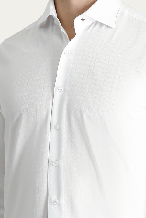 White Long Sleeve Slim Fit Patterned Cotton Shirt