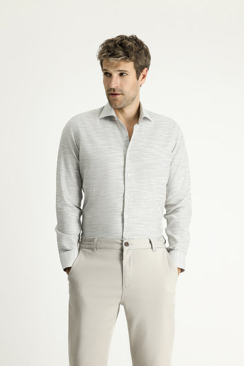 Medium Grey Long Sleeve Slim Fit Patterned Cotton Shirt