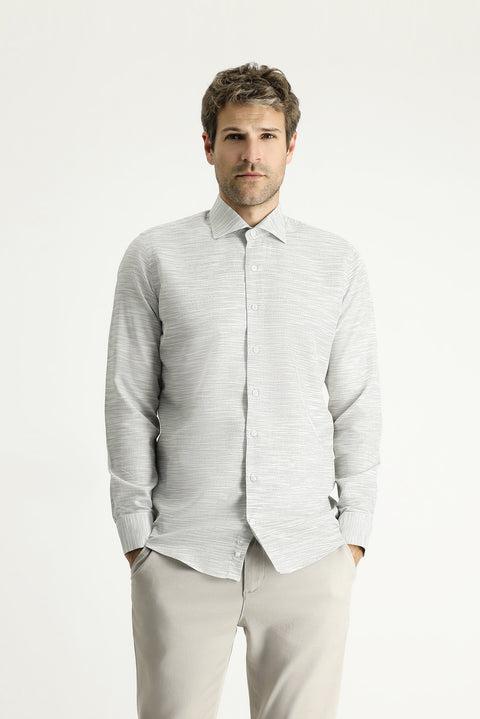 Medium Grey Long Sleeve Slim Fit Patterned Cotton Shirt
