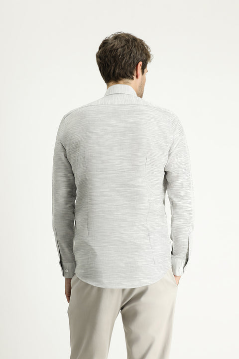 Medium Grey Long Sleeve Slim Fit Patterned Cotton Shirt