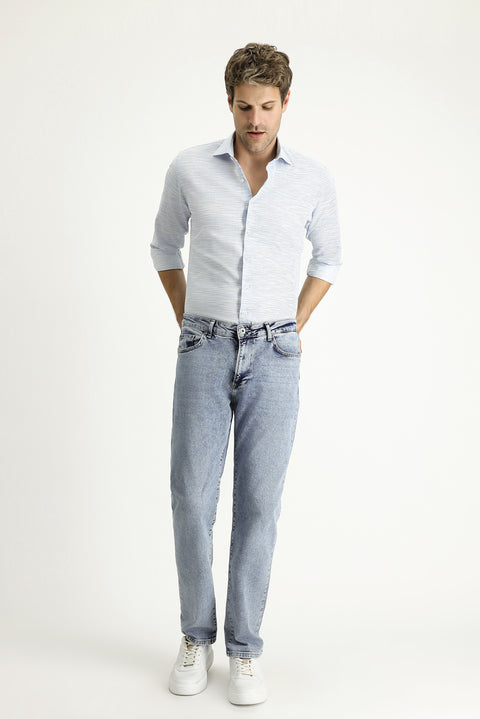 Blue Long Sleeve Slim Fit Patterned Cotton Shirt