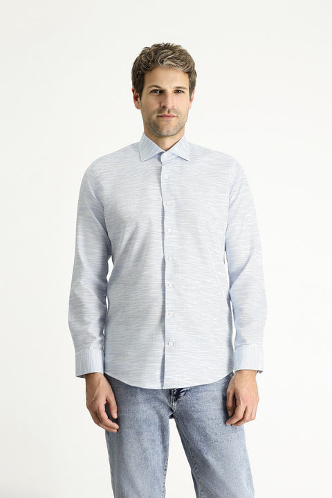 Blue Long Sleeve Slim Fit Patterned Cotton Shirt