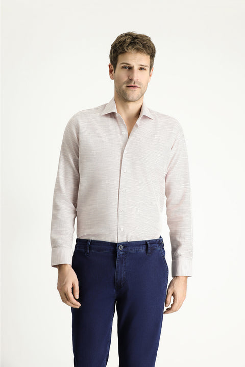Medium Pink Long Sleeve Slim Fit Narrow Cut Patterned Cotton Shirt