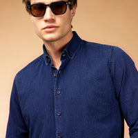 Indigo Long Sleeve Slim Fit Narrow Cut Patterned Cotton Button-Down Collar Shirt