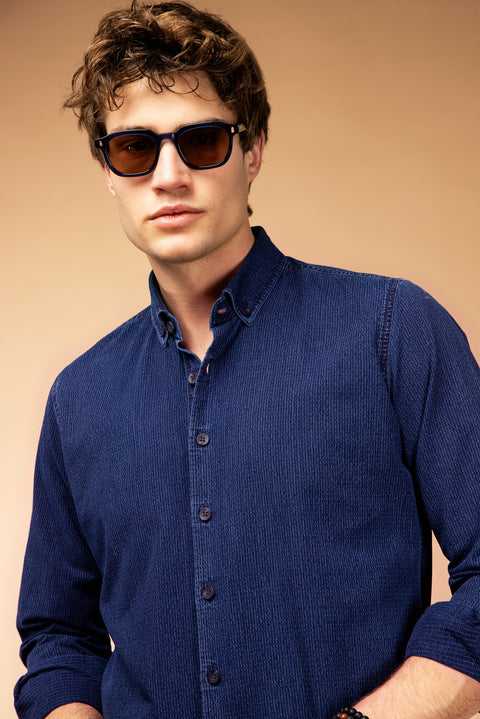 Indigo Long Sleeve Slim Fit Narrow Cut Patterned Cotton Button-Down Collar Shirt