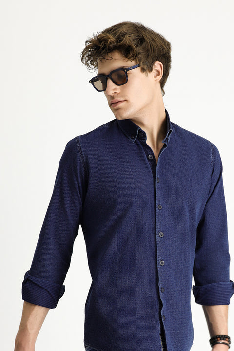 Indigo Long Sleeve Slim Fit Narrow Cut Patterned Cotton Button-Down Collar Shirt