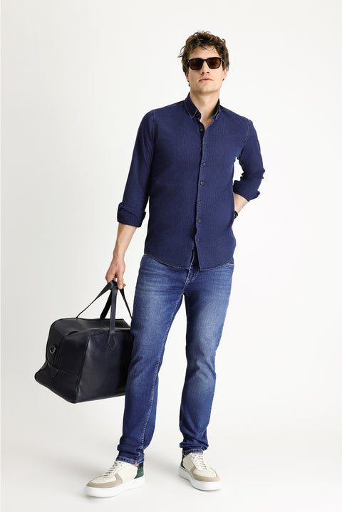 Indigo Long Sleeve Slim Fit Narrow Cut Patterned Cotton Button-Down Collar Shirt