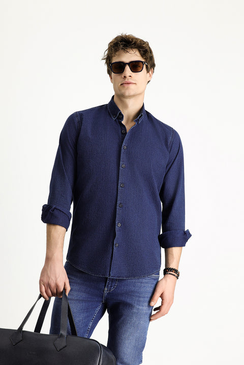 Indigo Long Sleeve Slim Fit Narrow Cut Patterned Cotton Button-Down Collar Shirt