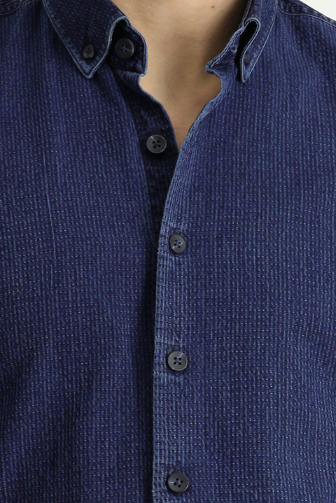 Indigo Long Sleeve Slim Fit Narrow Cut Patterned Cotton Button-Down Collar Shirt