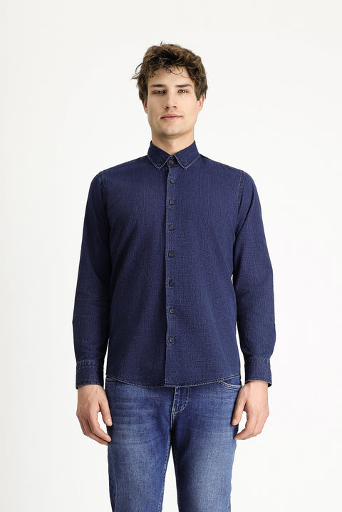Indigo Long Sleeve Slim Fit Narrow Cut Patterned Cotton Button-Down Collar Shirt