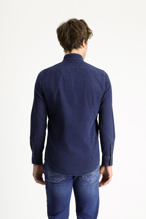 Indigo Long Sleeve Slim Fit Narrow Cut Patterned Cotton Button-Down Collar Shirt
