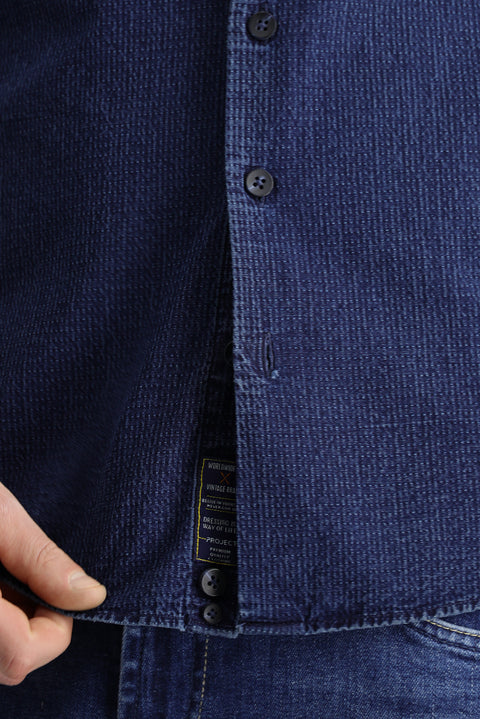 Indigo Long Sleeve Slim Fit Narrow Cut Patterned Cotton Button-Down Collar Shirt