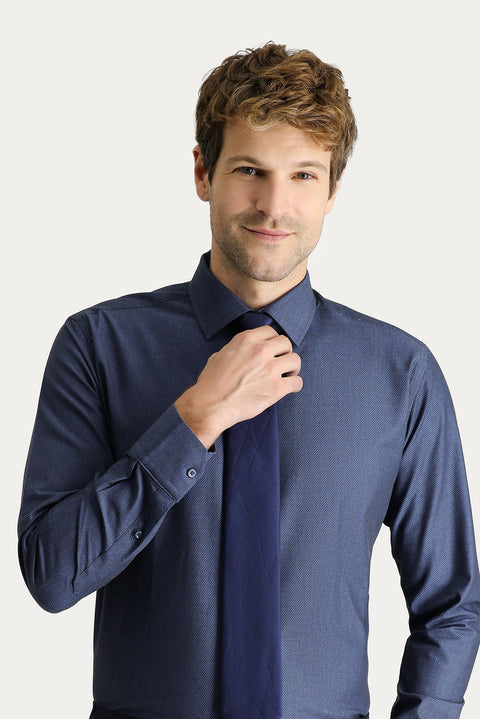Dark Navy Long Sleeve Slim Fit Classic Patterned Cotton Shirt