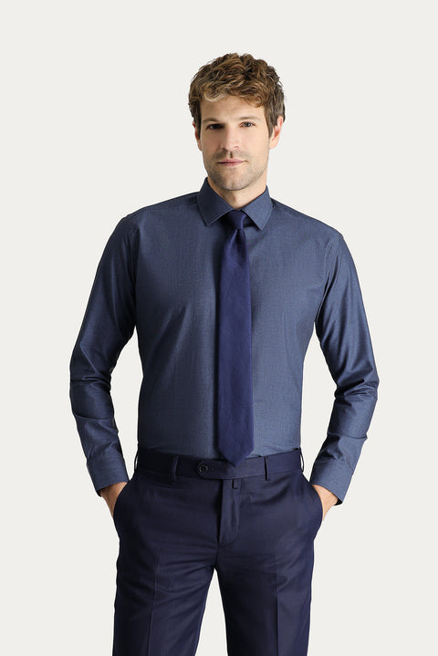 Dark Navy Long Sleeve Slim Fit Classic Patterned Cotton Shirt