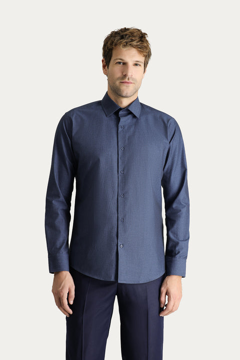 Dark Navy Long Sleeve Slim Fit Classic Patterned Cotton Shirt